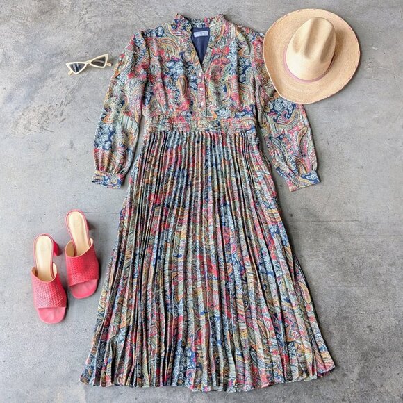 Untuckit Livia Long Sleeve Pleated Paisley Midi Shirt Dress size 4